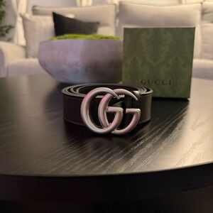Gucci Belt Black With Silver GG Marmont Wide Belt With Shiny Buckle Men